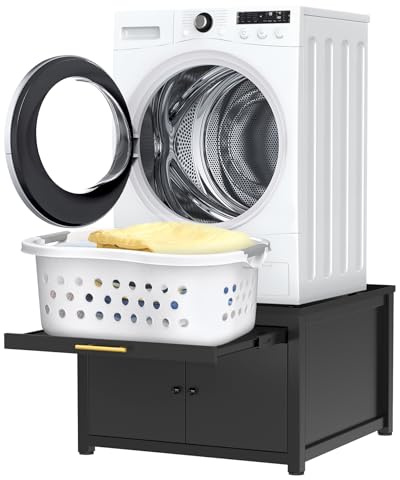 GDLF Laundry Pedestal Heavy Duty Metal Washer Dryer Pedestal 29 Universal Fit Anti-Vibration Washing Machine Stand with Laundry Basket Shelf and Built-in Drain Pan + Hose,770 LBS Capacity