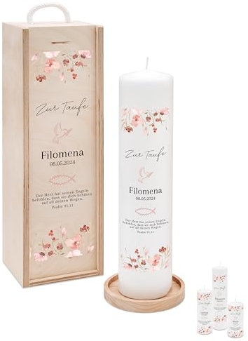 Bärenfreunde® - Personalisierte Taufkerze mit Spezial-Druck (M, L, XL) - ohne Ruß-Bildung - mit Holzkiste oder Untersetzer - Taufe Geschenk, Geschenk zur Geburt (M Kerze)