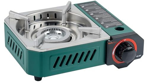 onlyfire Mini Portable Gas Camping Stove with Carrying Case, Butane Stove for Camping, Hiking, RV Trip, Breakfast, Hotpot and Emergency, Wind-Resistant Sunken Burner Design, 2000W, Green