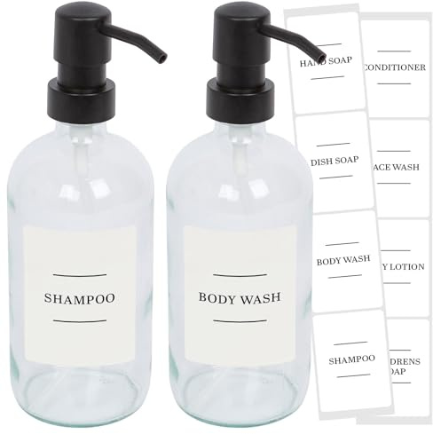 Harbour Housewares Glass Soap Dispensers with Labels Pack of 2-500ml Clear Refillable Bottles with Black Pumps and White Labels - Bathroom and Kitchen Accessories for Hand Wash, Lotion or Sanitiser
