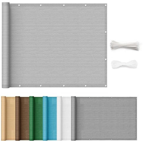 Balkonsichtschutz mit Ösen 95 x 360 cm Uv-Schutz Windschutz Sonnenschutz Balkonumspannungen Balkonabdeckung mit Ösen, Kabelbinder für Garten Balkon Terrasse, Grau