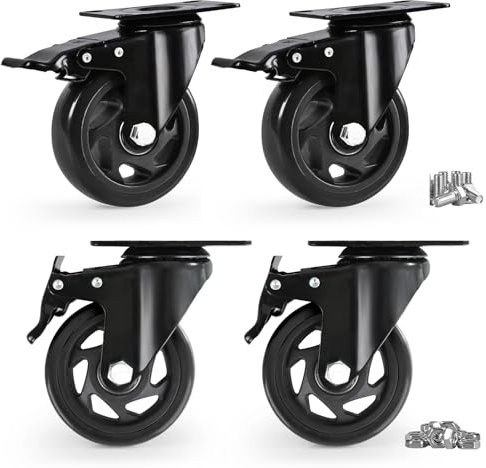 4er Set Schwerlastrollen mit Bremse, Transportrollen 100mm, Industrierollen aus Vollgummi und Lautlose, Lenkrollen für Werkstatt, Möbel & Outdoor - Möbelrollen - Rollen Schwerlast, Schwarz