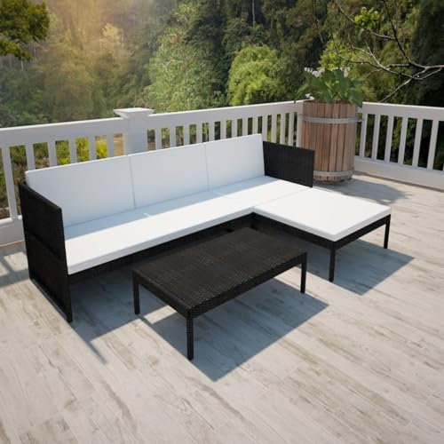 KATERYY 3-TLG. Garten-Lounge-Set mit Auflagen Poly Rattan Schwarz,Rattan LoungeSet Wetterfest und bequem für Garten und Terrasse