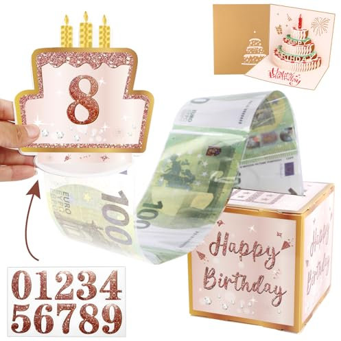 HUMTEOXI Geldgeschenke Geburtstag Überraschungsbox, DIY Geldgeschenk mit 3D Geburtstag Grußkarten Happy Birthday Geschenkbox für Kinder und Erwachsene, Eltern, liebe Menschen (Roségold)