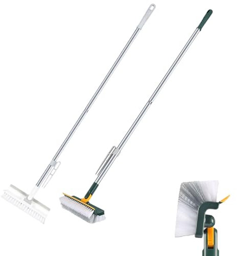 4-in-1 Boden-Scheuerbürste, steife Borsten Schrubber mit Schwamm, 109cm Stiel Bodenschrubber für die Reinigung von Terrasse, Boden, Badezimmer, Garage, Küche, Wand, Terrasse, Fliesen - 2 Stück (D)