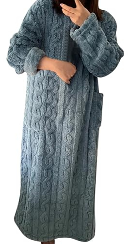 YOSUWOAI Fleece Schlafanzug Damen Winter Hauskleid Bequem Schlafbekleidung Flauschig Lang Nachthemd Kleid Warm Weich Hausanzug Plüsch Pyjamas Einfarbige Nachtwäsche mit Taschen