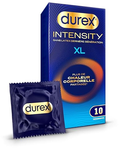 Durex Intensity – 10 Préservatifs Homme XL Sans Latex Ultra Fins et Lubrifiés – Plus de Chaleur Corporelle Partagée – Taille Large