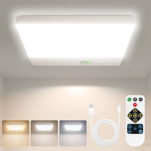 Rechargeable Motion Sensor Ceiling Lights, 4000mAh Battery Operated Lights Indoor with Remote, 3 Color Temperatures in One, Cordless Mount Pir Light for Porch Hallway Cupboard Understairs Bedroom