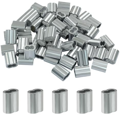 Cjueiom 50Pcs Aluminum Crimping Loop Sleeve, 1/8 Inch / 3mm Double Barrel Crimp Sleeves for Wire Cable Rope Hanging, Silver