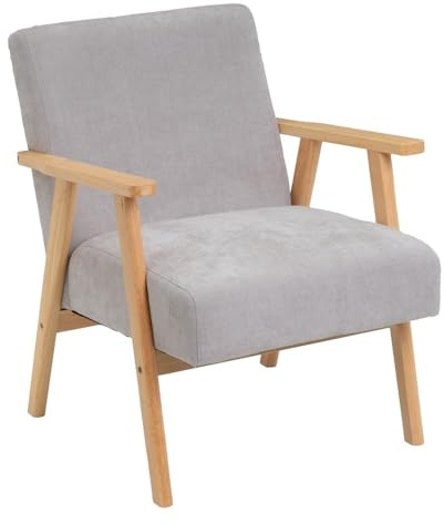 LOLAhome - Sillón butaca tapizada en Chenilla Gris con Brazos de Madera, diseño ergonómico, cómodo y Elegante. Ideal para ambientes Modernos, rústicos o Minimalistas.