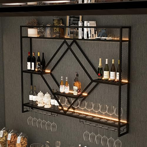Botellero de pared con luz LED de metal, soporte para copas de vino, botella de licor, estante moderno para vino, estantería flotante, color negro/dorado para bar, cocina, salón