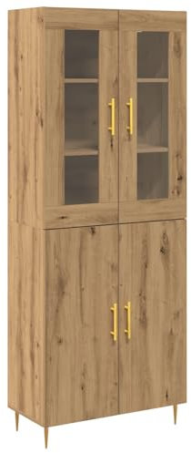 vidaXL Highboard Artisan Oak Sideboard Cabinet - Rectangular Modern Dining/Living Room Storage with Metallic Gold Handles, Engineered Wood, Brown Finish