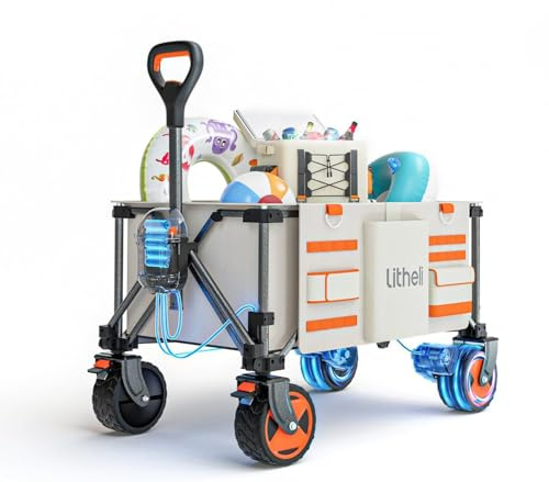 Litheli Carro de Exterior eléctrico Plegable, Carro de Mano Plegable, Doble Motor con Frenos, 150 L, 60 kg, Plegable, Adecuado para Camping, jardín, Compras, Sin batería