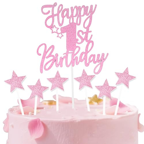 Pink Happy 1st Birthday Cake Toppers for Cake,Personalised Cake Toppers for Girl Women Decorations,Glitter Cupcake Topper Cake Topper Kit First Birthday Party Cake Decoration Supplies