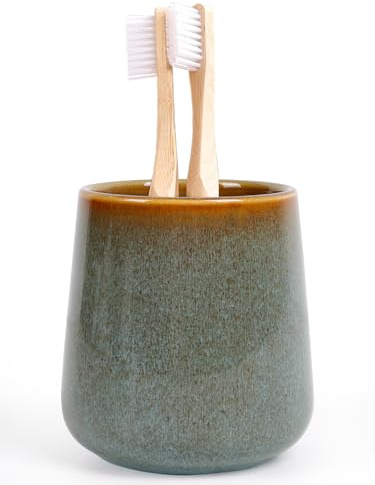 Autumnlife Toothbrush Holder Green, 12 oz Ceramic Mouthwash Cup Bathroom Reusable Toothbrush Cup, Reactive Glaze Toothbrush Holders for Toothbrush and Toothpaste