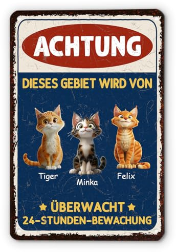 Geschenke Mall Türschild Personalisiert - Dieses Gebiet Wird Von Überwacht - Schild selbst gestalten, vorsicht katze schild, katze lustig, achtung katze schild (3 Katzen)