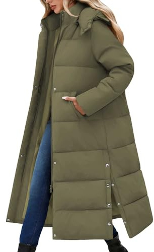 CMTOP Vinterkappa dam lång med huva tjock varm vinterjacka extra lång vindtät quiltad kappa ledig vattentät dunrock elegant lös parkas med slits, Armégrön, L