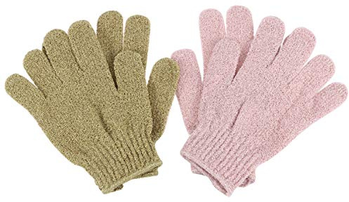 FONDOTIN 2 Paare Peelinghandschuhe Exfolierende Duschhandschuhe mit Fünf Fingern für Körperreinigung und Rückenmassage für Männer und Rosa und Grün