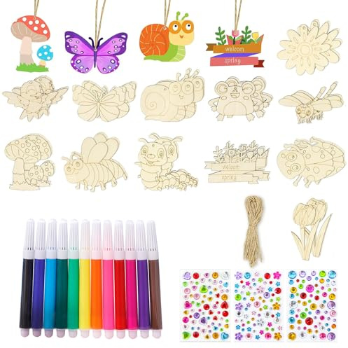 ZHITENG 52 PCS Bricolage Enfant Bois à Peindre Avec 12 Crayons Couleur 3 Autocollants, Atelier Creatif Enfant DIY Kits de Loisirs Créatifs Complet Activités Manuelles pour Garçons Adaptés Filles