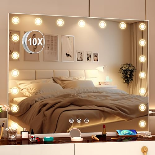 Puselo Hollywood Schminkspiegel mit Beleuchtung 100x82cm, Kosmetikspiegel mit 19-LED & 3 Farbtemperaturen, USB + 10X Vergrößerung Für Schlafzimmer Schminktisch