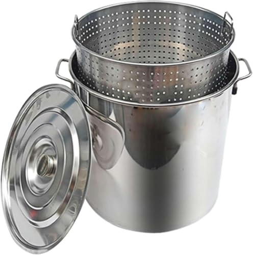 Robuster Suppentopf aus Edelstahl, 27 QT/63 QT – Gewerbliche Fritteuse für Truthahn und Langusten, Meeresfrüchte, Kochtopf mit Sieb für die Küche zu Hause und im Freien – Silber
