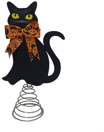 Puntale per albero di Natale a forma di gatto nero, con fiocchi riutilizzabili, base a molla in metallo, morbido materiale felpato, decorazione per le vacanze invernali, idea regalo per gli amanti dei