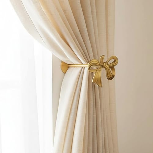 QIIODATD Brass Curtain Holdbacks (2 Pack) Gold Curtain Tieback Curtain Holders Backs Wall Hooks Pull Backs for Wall Mounted Home Decoration (Bow)