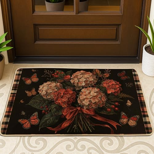 Zerbino vintage con motivo floreale e ortensie nere e farfalle, per interni ed esterni, tappetino in gomma antiscivolo, facile da pulire, assorbe la polvere, 73 x 43 cm