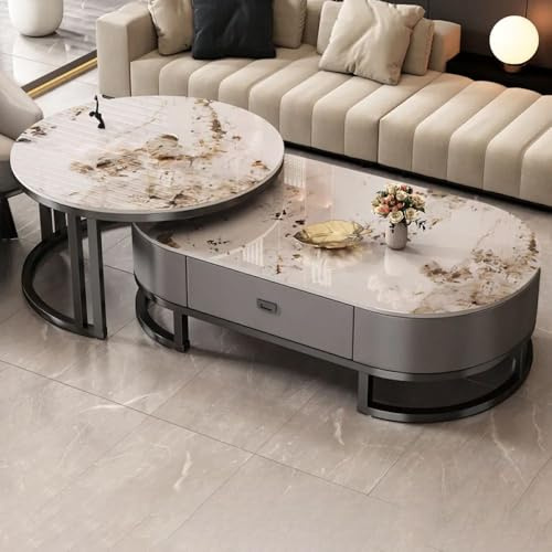 Oval sten soffbord uppsättning med 2 med förvaringslådor – modernt vardagsrum mittbord och glasbord – svart/grå och vit – stor (119 cm L x 59 cm B x 40 cm H) + liten (80 cm L x 80 cm B x 45 cm H)