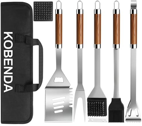 KOBENDA 7-teiliges Grillbesteck Set aus Edelstahl Rostfrei mit Aufbewahrungstasche, Grillset mit Hitzebeständigen Holz Griffen, Ideal als Grill Geschenk für Männer Professionelle BBQ Zubehör