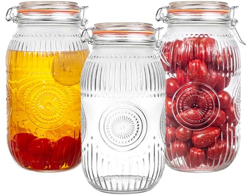 Consou 2L Einmachgläser Mit Bügelverschluss, 3 Stück vorratsgläser mit deckel, Glasbehälter mit Drahtbügelverschluss für Lagerung, Einmachen, Konservieren, Fermentieren, Basteln und Dekoriere