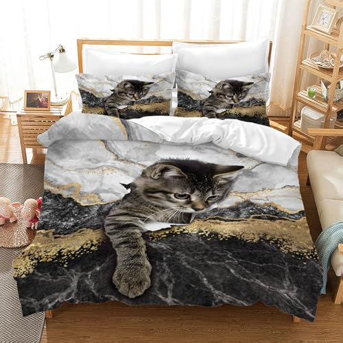 MIQEBX Parure de Lit Chat Imprimé Motif Mignon Chat Housse de Couette avec 2 Taies d'oreiller 3D Animal de Compagnie Imprimé Literie en Microfibre,pour Adultes Enfants Filles (Marble, 135X200cm)