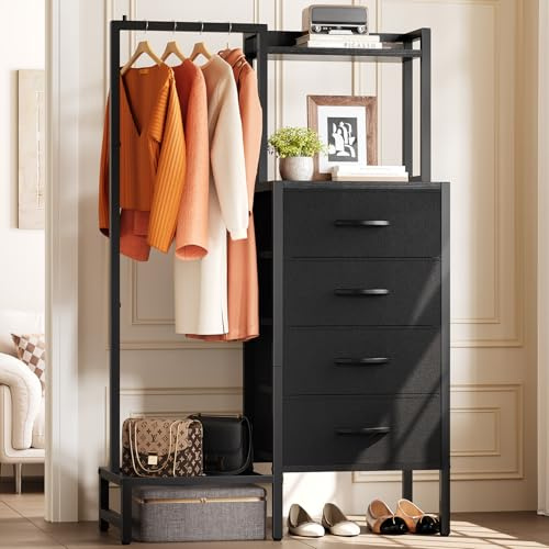 Yoobure Black Dresser with Hanging Rack - Small Closet with 4 Fabric Storage Drawers, 44 H Dresser with Clothes Rack, Chest of Drawer, Kids Dressers for Bedroom, Entryway, Living Room, Sturdy Frame