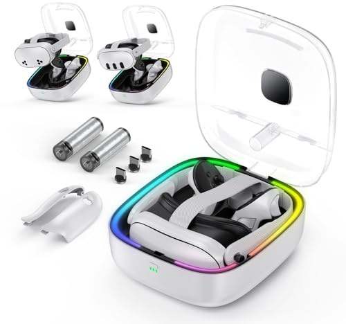 Dock di ricarica compatibile con Meta Quest 3/3S, stazione di ricarica per cuffie VR e controller con batterie magnetiche, illuminazione RGB, supporto di archiviazione per accessori da gioco VR