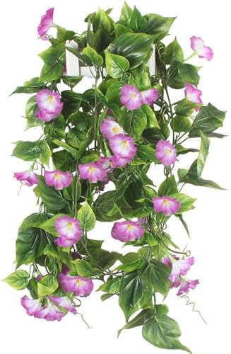 GTIDEA Artificial Vines, 2pcs 15Feet Morning Glory Hanging Plants Silk Garland Fake Green Plant Home Garden Wall Fence Stairway Outdoor Wedding Hanging Baskets Decor Purple | Silk Morning Glory Garland Fake Green Plant Home Garden Wall Fence Stairway Outdoor Wedding Hanging Baskets Decor