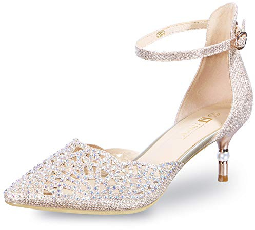 IDIFU Women's IN2 Candice Wedding Rhinestones Sequins Low Kitten Heels Pumps Dress Evening Shoes for Women Bridal Bride Gold 8 B(M) US