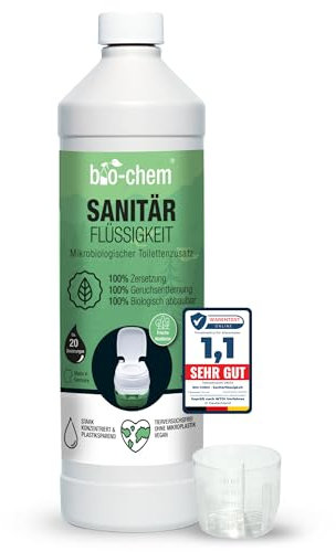bio-chem Sanitärflüssigkeit für Campingtoilette - 1 L inkl. Dosierbecher - Mikrobiologischer Toilettenzusatz hochkonzentriert - Wirkt gegen Fäkalien, Papier & Gerüche im Fäkalientank -Made in DE