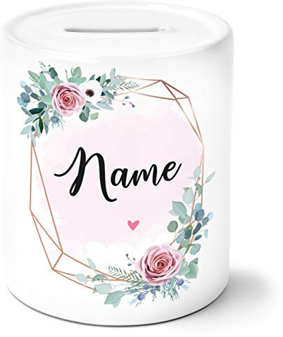 OWLBOOK® Personalisierte Spardose mit Wunschname Rosa Blumen | Personalisierte Geschenke für Frauen zum Geburtstag | Mama Geburtstagsgeschenk für Freundin Keramik