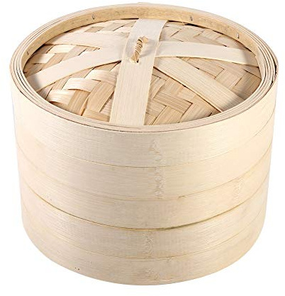 Canasta para cocinar al vapor, 2 niveles Canasta de bambú para vaporizador Dim Sum Dumpling y Bao Bun Vaporizadores de comida china Arroz con tapa(22cm)
