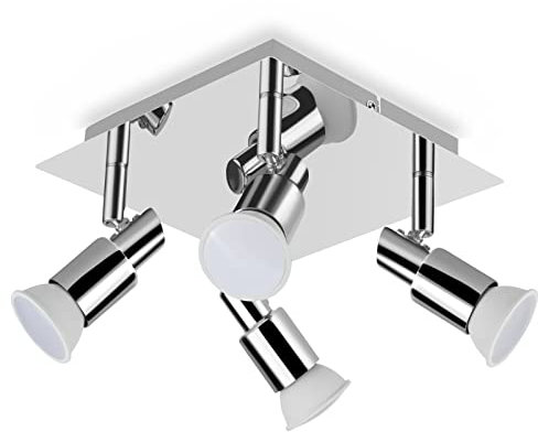 POLESTI Modern Square 4 Way LED Ceiling Light Fitting, Silver Chrome GU10 Ceiling Spotlight, Adjustable Kitchen Lights (Including 4x5W GU10 LED Bulbs, 420LM, Warm White)