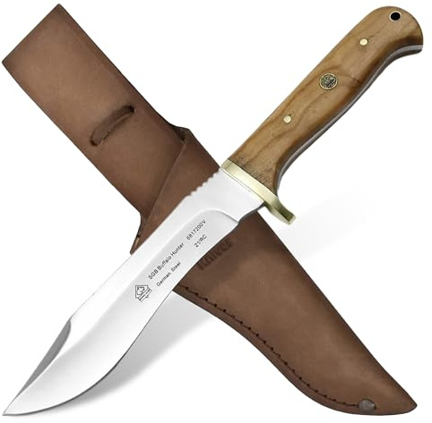 Puma SGB – Buffalo Hunter - Griffschalen aus echtem Olivenholz - Full-Tang Jagdmesser - 144mm Clip-Point Klinge aus deutschem Stahl (1.4116, 55-57 HRC) - Inklusive Lederscheide (Art.Nr.: 6817200V)