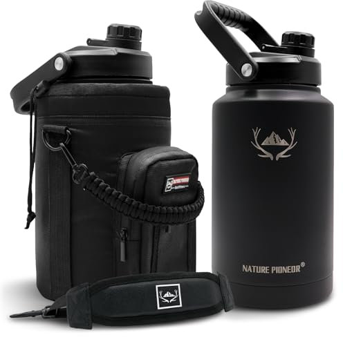 NATURE PIONEOR 1 Gallon Insulated Water Bottle - Double Vacuum Stainless Steel 128 oz Water Bottle with Holder/Carrier, Wide Mouth 1 gallon Water Jug for Outdoor Sports, Hiking, Camping, Gym