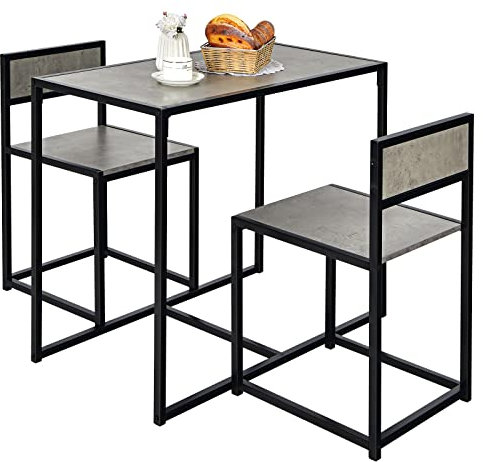 COSTWAY Bartisch Set 3-teilig, Esstisch mit 2 Stühlen, Kleine Essgruppe mit Metallgestell, Küchenbar Sitzgruppe, Küchentisch Stehtisch Holz, Bistrotisch für Küche, Esszimmer und Bistro (Grau)