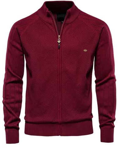 OHXSM Cárdigan de punto con cremallera completa para hombre, chaqueta de punto grueso, cuello alto, manga larga, suéter de punto grueso con cremallera completa, suéter de punto de manga larga, E-rojo