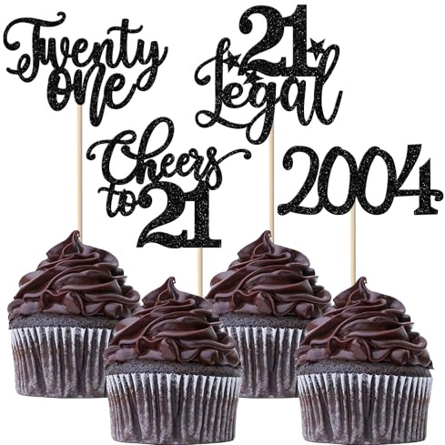24 Stück 21. Geburtstag Cupcake Toppers Glitter Twenty-one seit 2004 Prost auf 21 Cupcake Picks Hallo 21 Jahre Geburtstagskuchen Dekorationen für glückliche 21 Geburtstag Jubiläum Party Schwarz