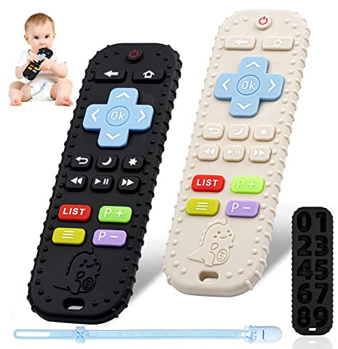 Baby Beißspielzeug, 2 Pcs Fernbedienung Beißring, Silikon Zahnungshilfe Baby BPA-frei, Zahnen Nursing Zubehör für 3+ Monate Babe (Schwarz)