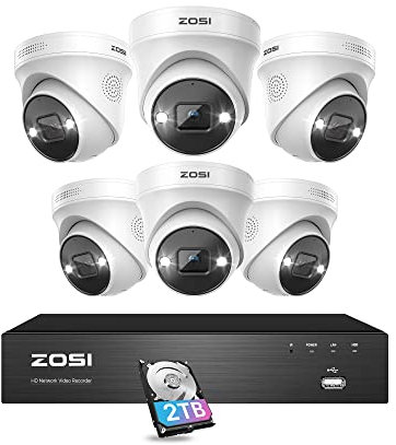 ZOSI 4K NVR 5MP PoE CCTV Security Camera System, 8-Port 16CH NVR with 2TB HDD, 6Pcs 5MP Outdoor PoE IP Cameras with Person Vehicle Detection, Color Night Vision, Smart Light Siren, 30fps