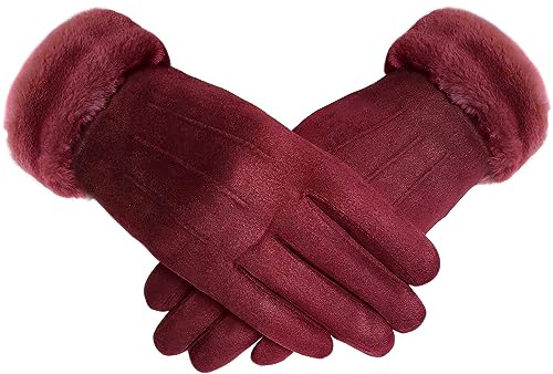 TOSKATOK Ladies Womens Stylish Faux Suede Soft Warm Cosy Winter Gloves with Cosy Liner and Faux Fur Cuff-Burg Burgundy
