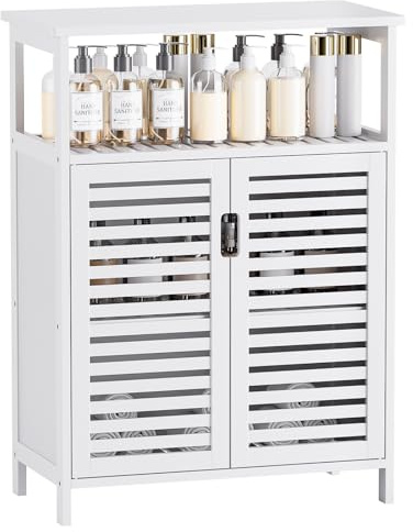 HITNET Mobiletto Bambu Bagno, Armadietto Bagno da Terra, Mobile Basso a Pavimento con Scomparti Aperto, adatto per Soggiorno, Cucina e Corridoio, Bianco