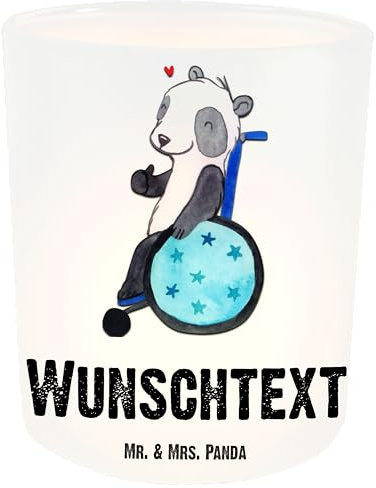 Mr. & Mrs. Panda Personalisiertes Windlicht Panda Rollstuhl - Personalisierte Geschenke, Teelichthalter für Draußen Selber Gestalten, Kerzengläser, Windlichtgläser, mit Namen, Windlichter Teelichter